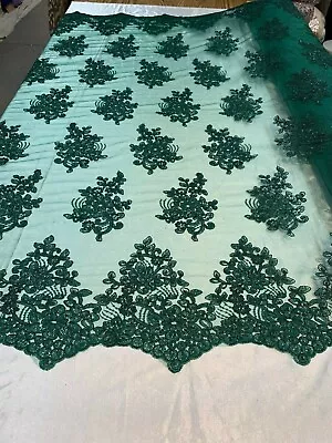 Lace Embroidered Flowers/Floral Fabric Sequins On Mesh(Hunter Green) By The Yard • $25.90
