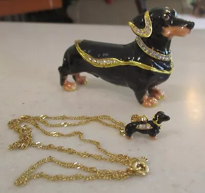 Dachshund Decorative Jewelled Dog Trinket Box With RARE Dachshund Necklace  NICE • $16