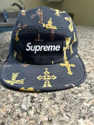 Supreme Box Logo Navy Blue Crosses 5 Panel Camp Cap Hat Authentic • $25