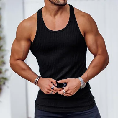 Men Ribbed Racerback Gym Fitness Muscle Tank Workout Bodybuilding Plain Vest Top • £10.59