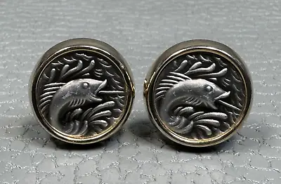 Vintage Pewter Fish Yellow Gold Plated Cuff Links • $19.95