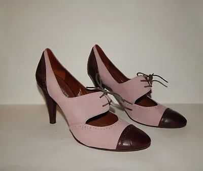 Via Spiga Size 8.5M Pink W Brown Leather Cap Heels W Tie Off Accent VNGUC! • $29.95