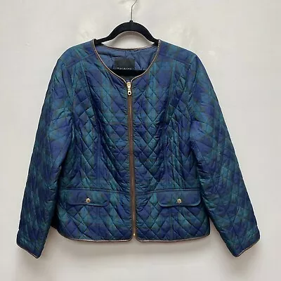 Talbots Blue Plaid Snap Pockets Faux Leather Trim Zip Quilted Jacket 16 $159 • $64.17