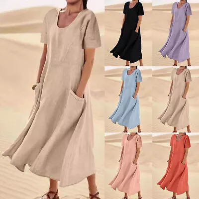 Womens Cotton Linen Midi Shirt Dress Summer Beach Pocket Short Sleeve Sundress • £8.09