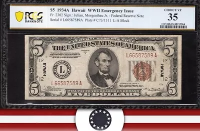 1934 $5 HAWAII EMERGENCY NOTE FRN MULE WWII  PCGS 35 Fr 2301-m  22936 • $329