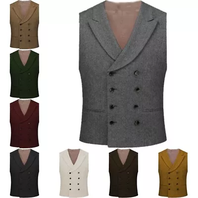 Men's Formal Double-Breasted Herringbone Peak Lable  Wedding Vintage Waistcoat • $33.99