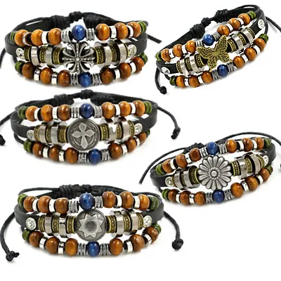 Mens Real Leather Wristband Surfer Bracelet Various Charms Wood Beads Hemp Cord • £3.75