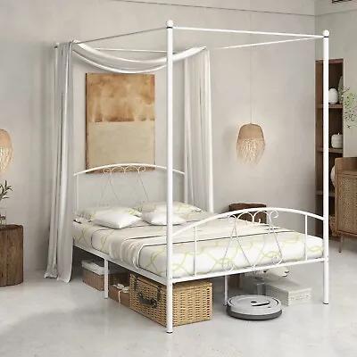 Double Size Metal Canopy Bed Frame Modern 4 Poster Platform Bed  With Headboard • £109.95