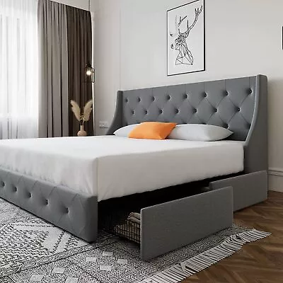 King Size Platform Bed With 4 Storage Drawers & Wingback Headboard Light Grey • $387.99