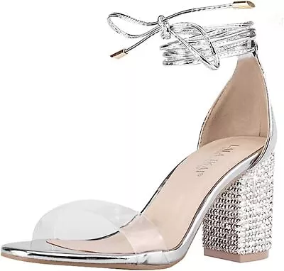 Lala Ikai Silver Strappy Open Toe Rhinestone Block Heels Party Shoe Sz 7.5 NIB • $24.96