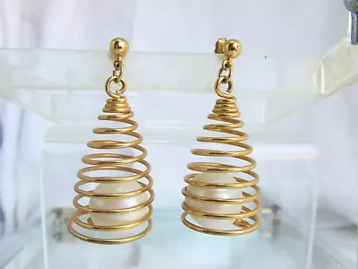 Vintage Spiral Coiled Wire W/ Lg Faux Pearl Dangling Earrings Pierced Novelty • $15