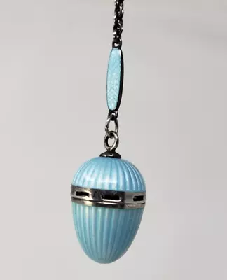 Victorian Sterling Silver Blue Enamel Guilloche Vinaigrette Pomander Egg Pendant • $299