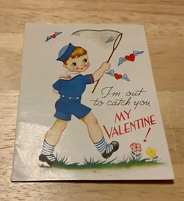 VTG Carrington Valentine Card Sailor Boy Butterfly Net Real Netting “Catch You” • $4.99