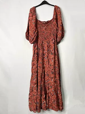 Red Curve Shirred Midaxi Paisley Print Dress Plus Size 16 To 30/32 • £14.99