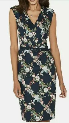 Oasis Fitzwilliam Museum Teal Floral Shift Wiggle Dress 10 / Sml 12 Belt • £19.99