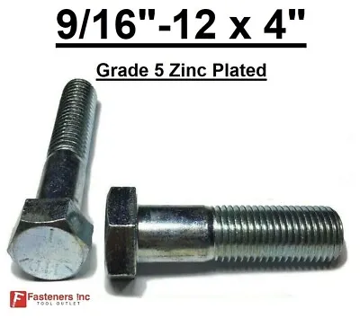 9/16-12 X 4  Hex Bolt Zinc Plated Grade 5 Cap Screw Coarse Partial Thread • $9.62