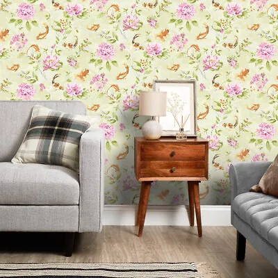 £2 • Buy Lime & Pink, Koi Carp & Water Lilies, Paste The Wall Wallpaper