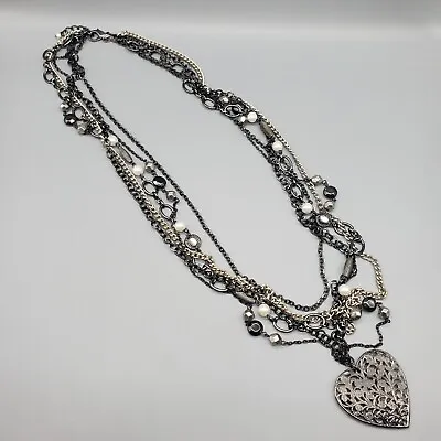 $24.99 • Buy Express Layered Necklace Gunmetal Silver Tone Filigree Heart Pendant 27 