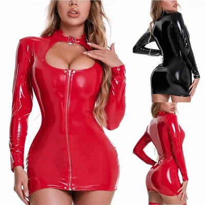$32.20 • Buy Womens Wetlook Latex Leather,Zip Up Long Sleeve Bodycon Dress,Shiny PU Clubwear