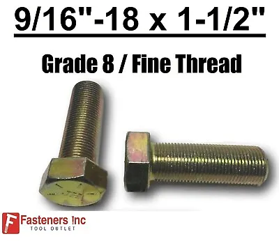 9/16-18 X 1-1/2  (FT) Hex Bolt Yellow Zinc Plated Grade 8 Cap Screw Fine Thread • $10.21