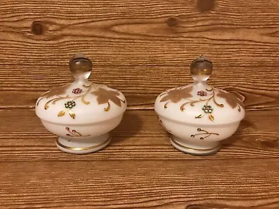 RARE Set Of 2 VTG  Milk Glass Floral Rhinestone Gold Leaf Vanity Dishes • $40