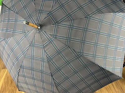 Balios Blue Grey Glen Plaid Single Canopy Walking Stick Umbrella Real Wood • £36.95