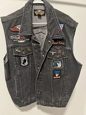 Vintage Harley Davidson Black Denim Vest With Patches / Pins  Vietnam Veteran XL • $59.99