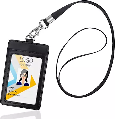 ID Badge Holder Vertical PU Leather Lanyard With ID Holder With 1 Clear ID Card  • $9.31