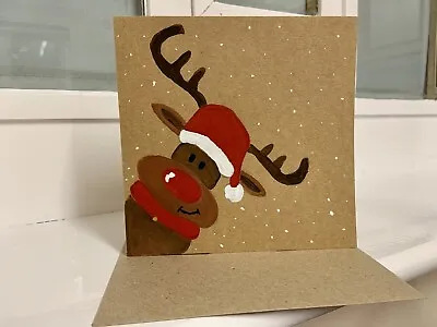 £3.30 • Buy Reindeer Christmas Card Handmade Hand Painted Free Postage