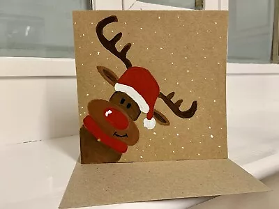 £3.30 • Buy Reindeer Christmas Card Handmade Hand Painted Free Postage