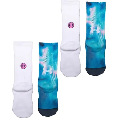 UNDER ARMOUR Crew Socks 2-Pack White/Blue YOUTH Girls Fits Shoe Size 13.5-4Y • $19.99