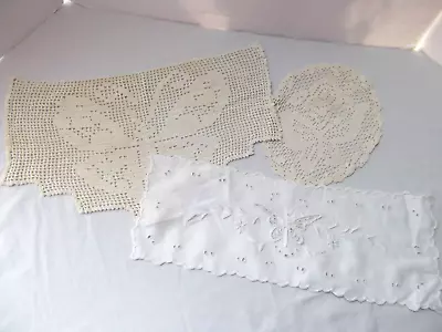 Vtg Antique Lot 3 Crochet Doily Butterfly Rectangle Eyelet Embroid Lace Scallop • $24.99