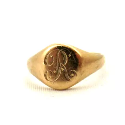 18ct. Gold -  R   SMALL SIGNET RING - Size;- K 3/4 - Birmingham Made • £285