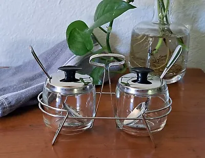 Foley Glass Jelly Condiment Cups & Stainless Steel Caddy Complete Set MCM VTG • $20