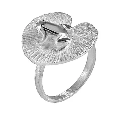 MATERIA Women's Ring Frog On Lotus Leaf 925 Silver Wide Matte Rhodium Plated • £34.44