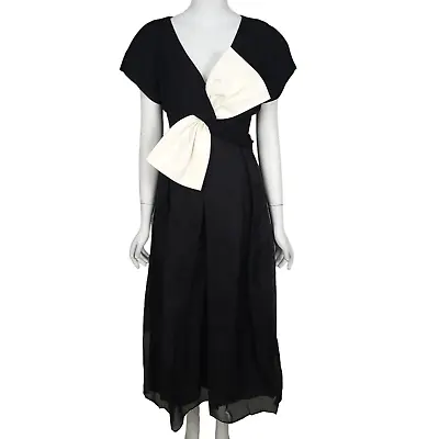 VTG 1980s MORTON MYLES Women's Dress 10 Black White Bow Cap Sleeve Maxi Evening • $75