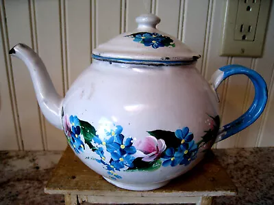$21.50 • Buy VINTAGE FARMHOUSE WHITE WITH BLUE TRIM ENAMEL WARE  5  TEAPOT W/Painted Flowers