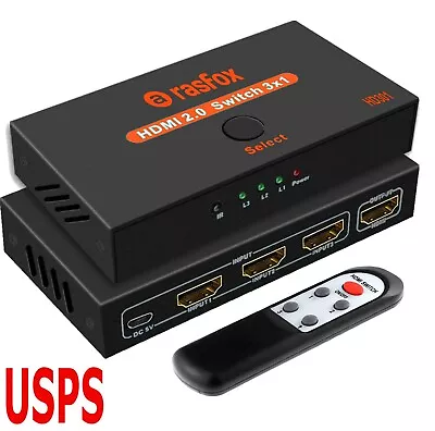 Rasfox 3-Port HDMI 2.0 Switch 3x1 Switcher Selector Splitter With IR Remote 4K • $23.99