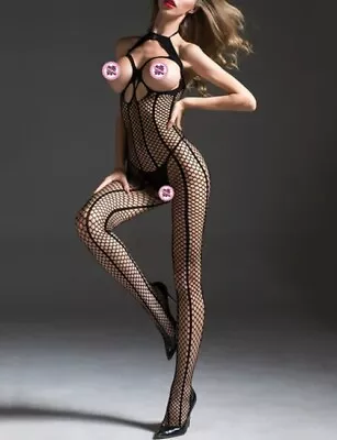 Sexy Open Bust Halterneck Crotchless Body Stocking Bodysuit Nightwear Lingerie • £6.64