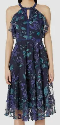 $1698 Marchesa Notte Women Blue Floral Embroidered Keyhole Cold Shoulder Dress 4 • $319.98