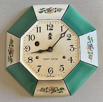 Antique Art Deco 8 Day Porcelain Green Floral Octagon Wall Clock Miller USA 9  • $49.95