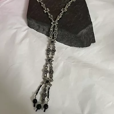 Lariat Necklace Black And Clear Crystal 18 Inch Silvertone Classic Dinner Party • £14.99