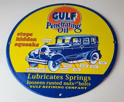 Vintage Gulf Gasoline Sign - Porcelain Enamel Penetrating Oil Gas Station Sign • $138.37