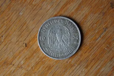 1934 D 5 Mark German WW2 90% SILVER 3rd Reich Coin • $29.98