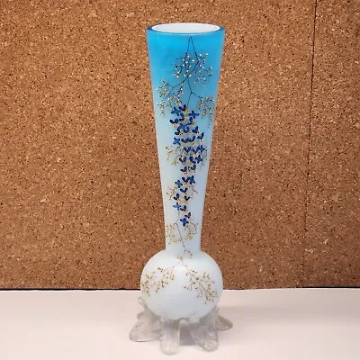 Vintage Art Glass Satin Ombre Vase With Hand Painted Enamel Flowers Frosted Feet • $34