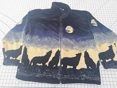 Vintage 90s Sz XL Sherpa Fleece Wolf Moon Nature All Over Print Jacket  USA • $68