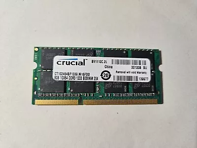 8GB PC3-10600 DDR3-1333 Laptop RAM CRUCIAL CT102464BF1339.M16FDD • £12.99