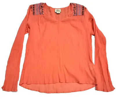 Ariat Embroidered Burnt Bell Sleeve Orange Thick Stitch V-Neck Shirt Women Large • $12