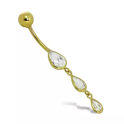 9ct Gold & Triple Teardrop CZ Crystal Ball End Belly Bar Piercing 17Ga Tummy • £68