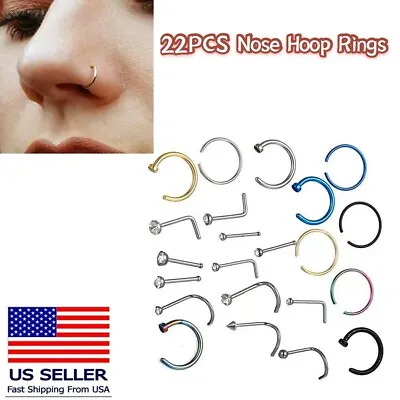 22PCS Nose Hoop Rings CZ L-shaped Nose Stud Stainless Steel Piercing Jewelry Set • $5.99